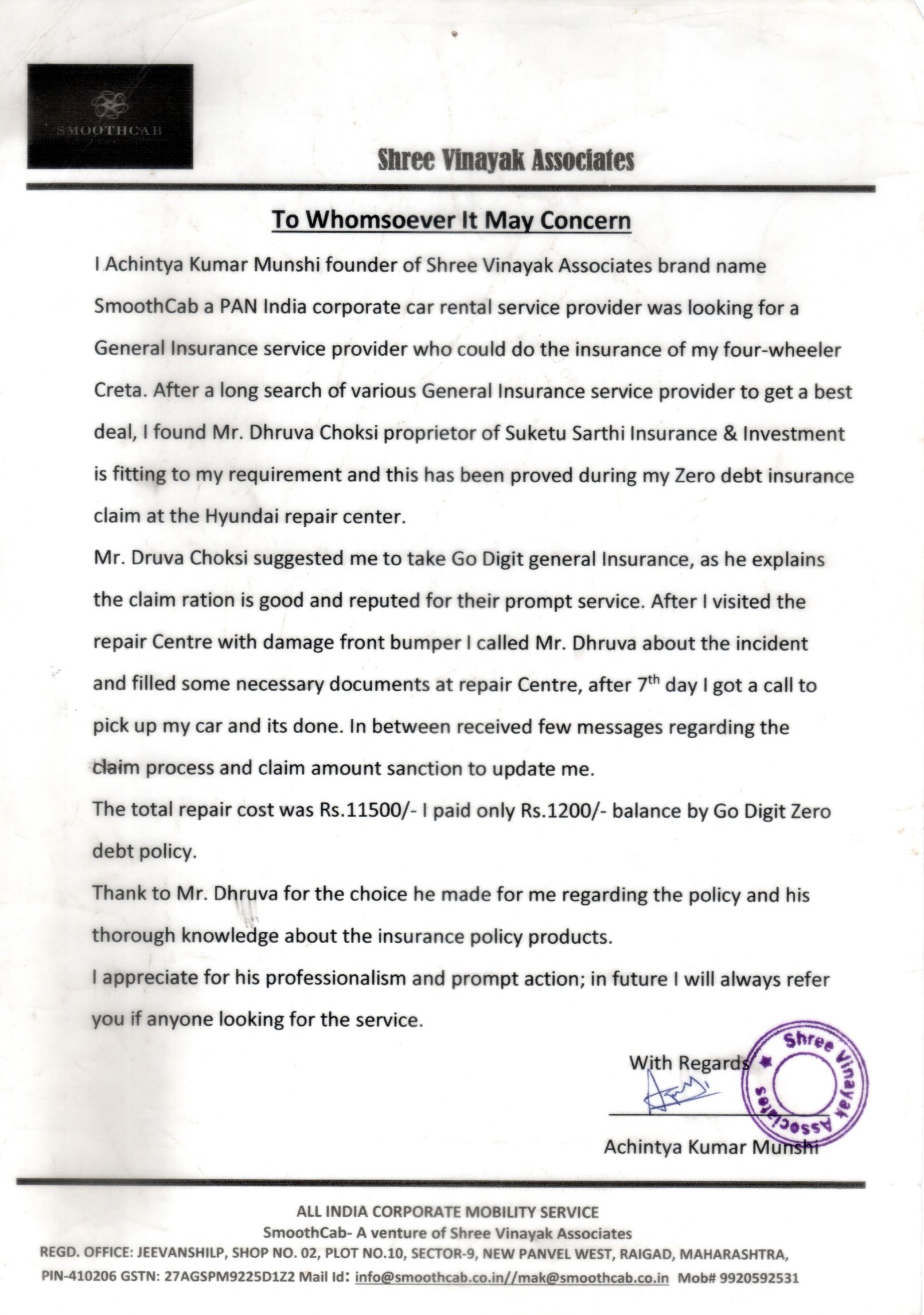 Testimonial letter from Achintya Kumar Munshi, SmoothCab